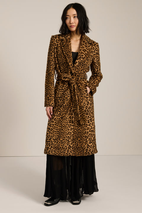 Leopard print faux fur wrap coat with notch lapels, removable self-tie belt and side seam pockets.