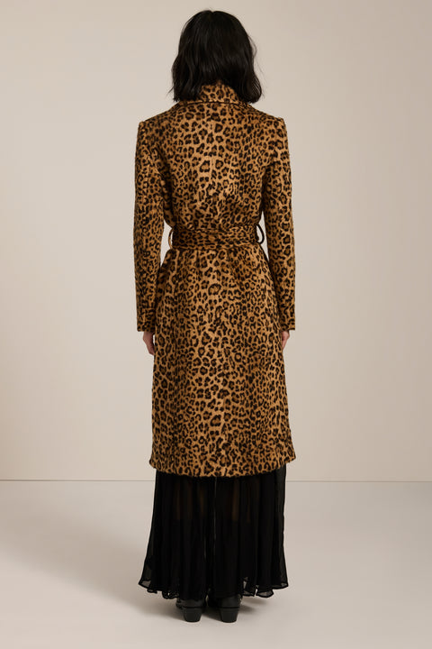 Leopard print faux fur wrap coat with notch lapels, removable self-tie belt and side seam pockets.