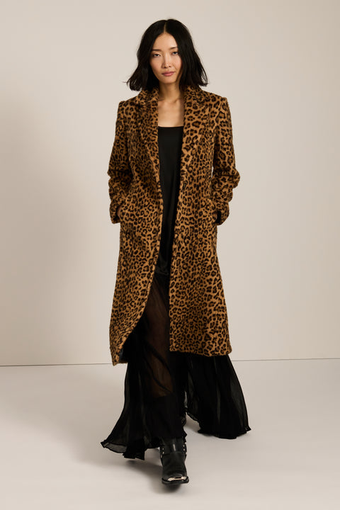 Leopard print faux fur wrap coat with notch lapels, removable self-tie belt and side seam pockets.