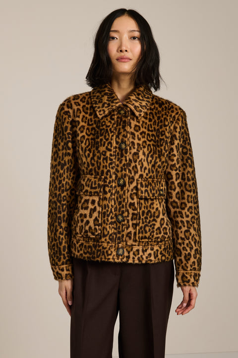 Women's brushed leopard print jacket with utility pockets and button-front closure
