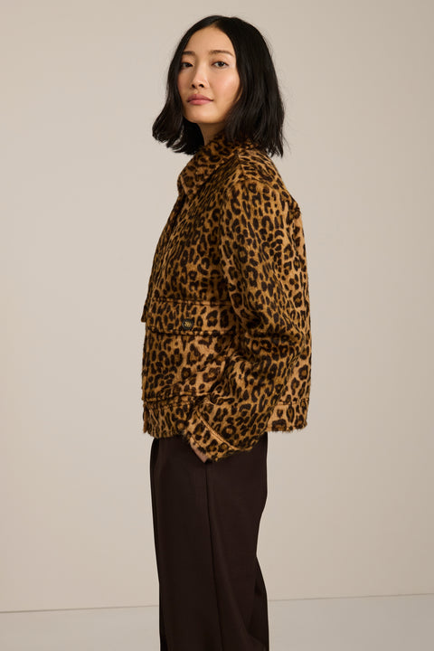 Women's brushed leopard print jacket with utility pockets and button-front closure