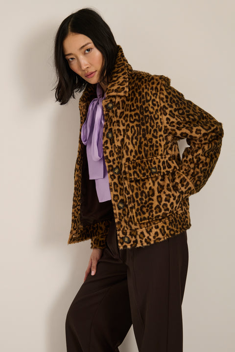 Women's brushed leopard print jacket with utility pockets and button-front closure