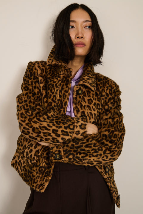 Women's brushed leopard print jacket with utility pockets and button-front closure