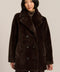 women's dark brown double-breasted faux fur coat with an oversized notched collar, button front, and angled pockets.