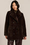 women's dark brown double-breasted faux fur coat with an oversized notched collar, button front, and angled pockets.