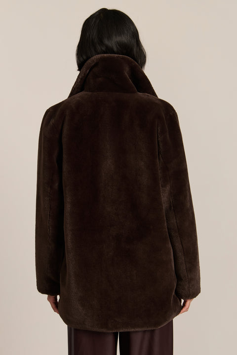 women's dark brown double-breasted faux fur coat with an oversized notched collar, button front, and angled pockets.
