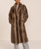women's long taupe faux fur coat with a wide notched collar, single-breasted front, and side pockets.
