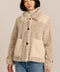 women's cream mixed-media teddy jacket with contrasting faux shearling textures, oversized patch pockets, button-front closure, and a plush stand collar.