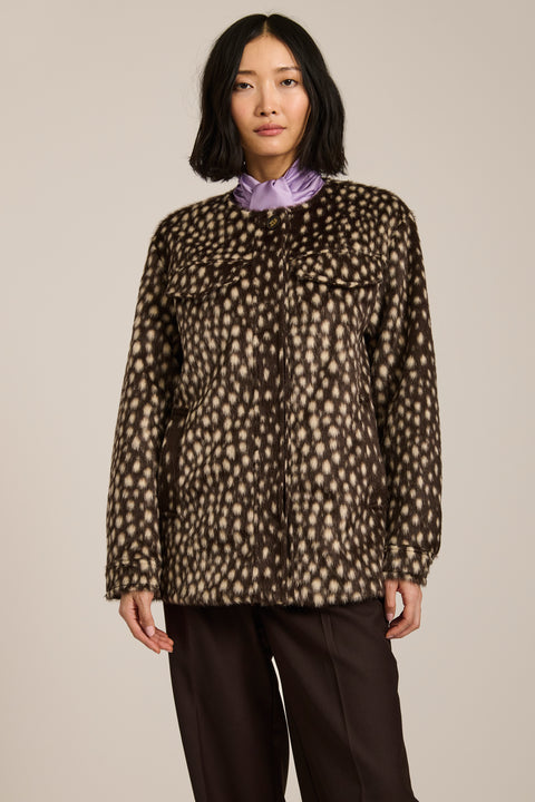 Bambi print faux calf hair utility jacket with collarless silhouette, flap pockets and relaxed fit.