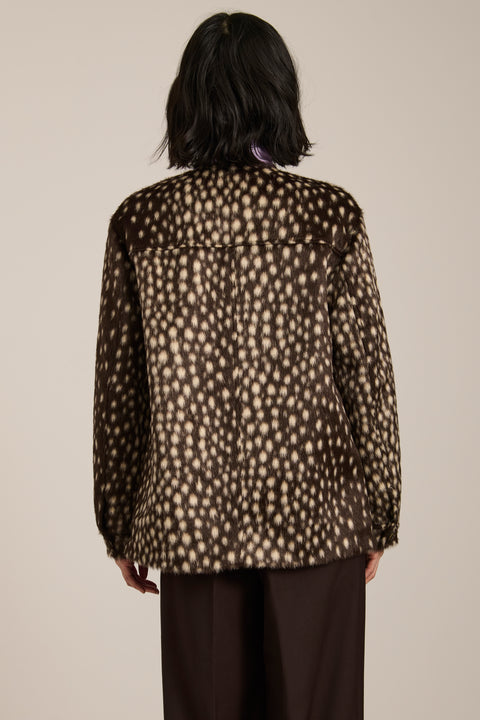 Bambi print faux calf hair utility jacket with collarless silhouette, flap pockets and relaxed fit.