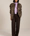Bambi print faux calf hair utility jacket with collarless silhouette, flap pockets and relaxed fit.