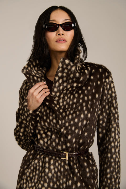 Bambi print faux calf hair tailored coat with notch lapels, single-breasted front and knee-length silhouette.
