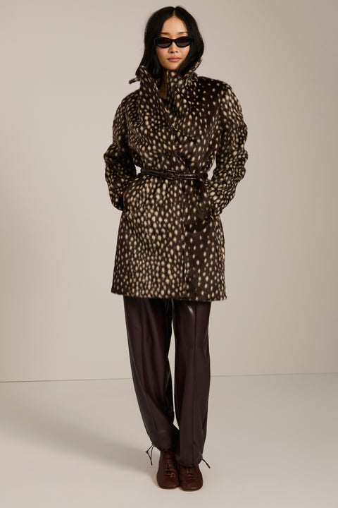 Bambi print faux calf hair tailored coat with notch lapels, single-breasted front and knee-length silhouette.