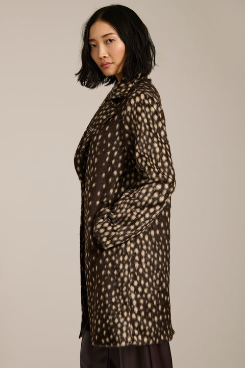 Bambi print faux calf hair tailored coat with notch lapels, single-breasted front and knee-length silhouette.