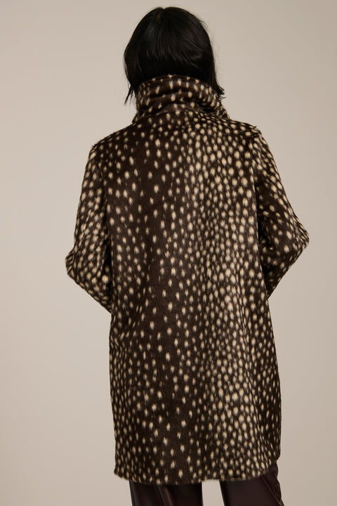 Bambi print faux calf hair tailored coat with notch lapels, single-breasted front and knee-length silhouette.