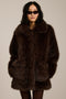 A model in a spotted faux fur coat with oversized notch collar, button-front closure and patch pockets with side entry.