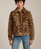 Leopard print faux fur utility jacket with faux suede collar, oversized flap pockets and relaxed silhouette.