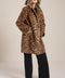 Leopard print faux fur tailored coat with notch lapels, single-breasted front and knee-length silhouette.