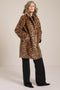A female in a faux fur leopard print coat with notch lapels, single-breasted front and knee-length silhouette.