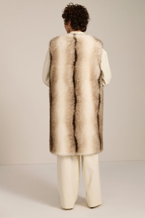 Frost-tipped faux fur long vest with collarless neckline, hook-and-eye closure and side seam pockets.