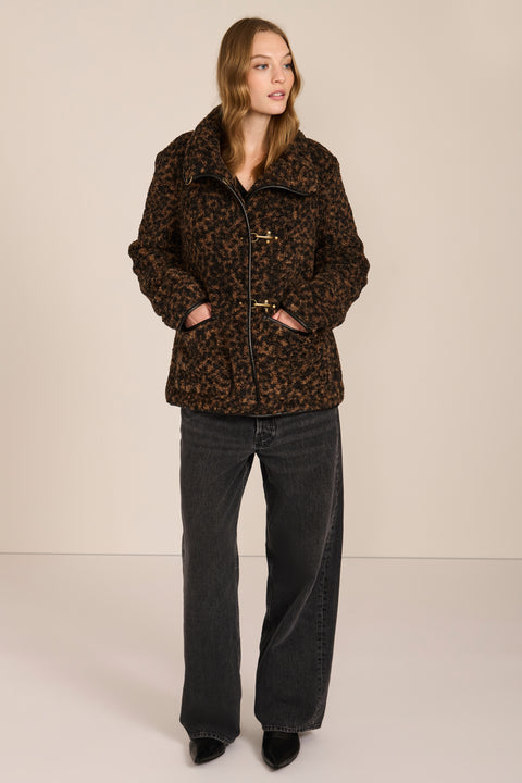 women's Leopard Print Toggle Fleece Jacket in brown and black with faux leather trim, high stand collar and gold-tone toggle closures.