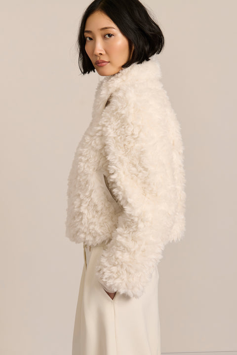 women's curly Faux Fur Jacket in chocolate brown with a cropped silhouette, textured faux fur and zip front.