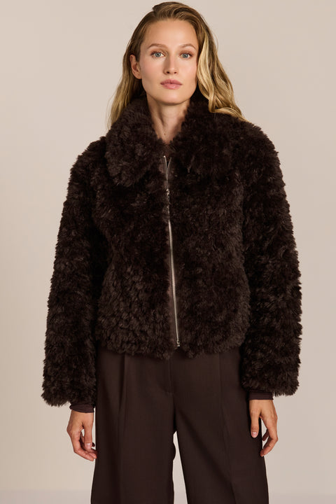 women's curly Faux Fur Jacket in chocolate brown with a cropped silhouette, textured faux fur and zip front.
