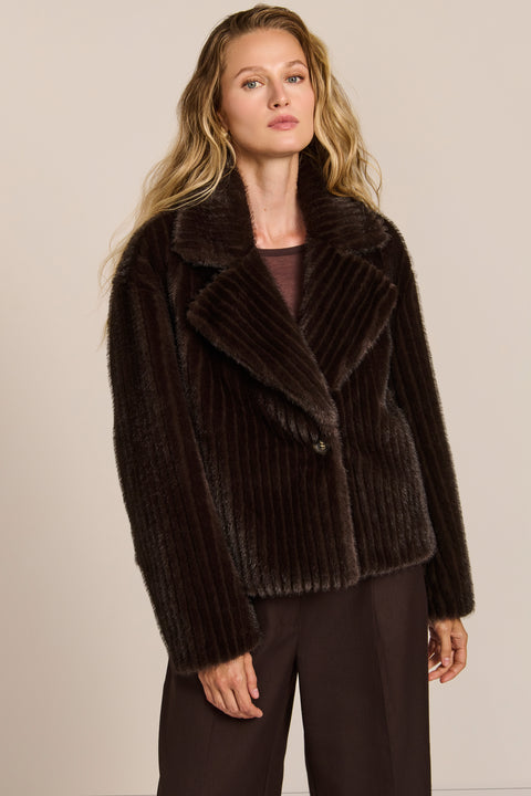 women's ribbed faux fur jacket in chocolate brown with oversized notched lapels and a cropped silhouette.