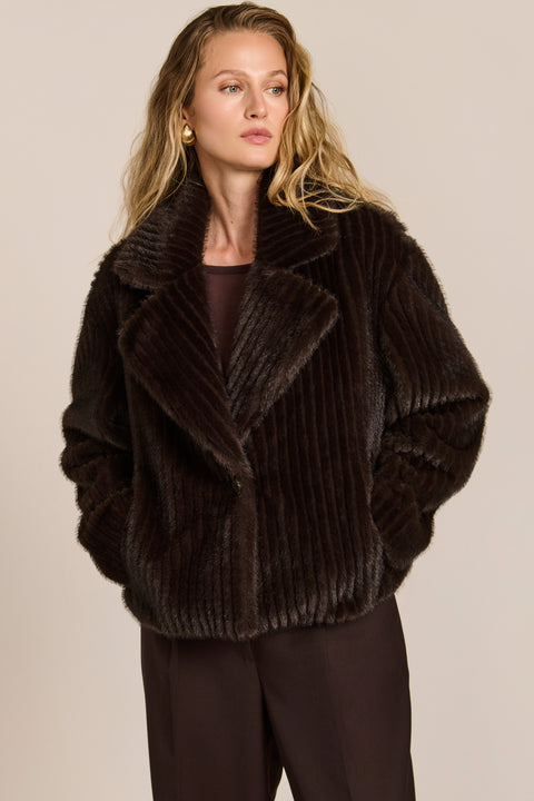 women's ribbed faux fur jacket in chocolate brown with oversized notched lapels and a cropped silhouette.