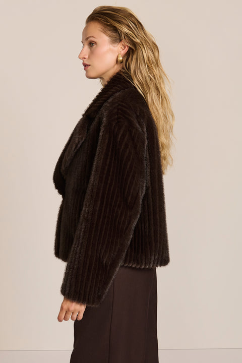 women's ribbed faux fur jacket in chocolate brown with oversized notched lapels and a cropped silhouette.
