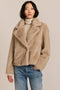 women's ribbed faux fur jacket in chocolate brown with oversized notched lapels and a cropped silhouette.