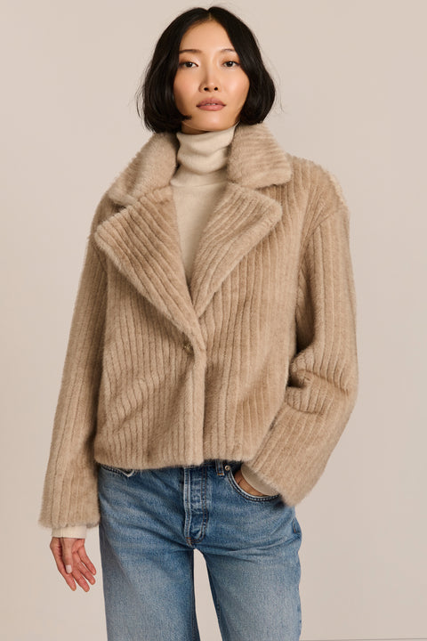women's ribbed faux fur jacket in chocolate brown with oversized notched lapels and a cropped silhouette.