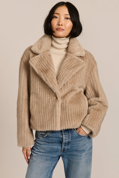 women's ribbed faux fur jacket in chocolate brown with oversized notched lapels and a cropped silhouette.