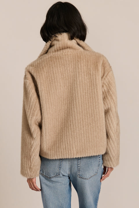 women's ribbed faux fur jacket in chocolate brown with oversized notched lapels and a cropped silhouette.