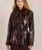 women's brown croc-embossed faux leather jacket with a removable faux fur collar and adjustable drawstring waist.