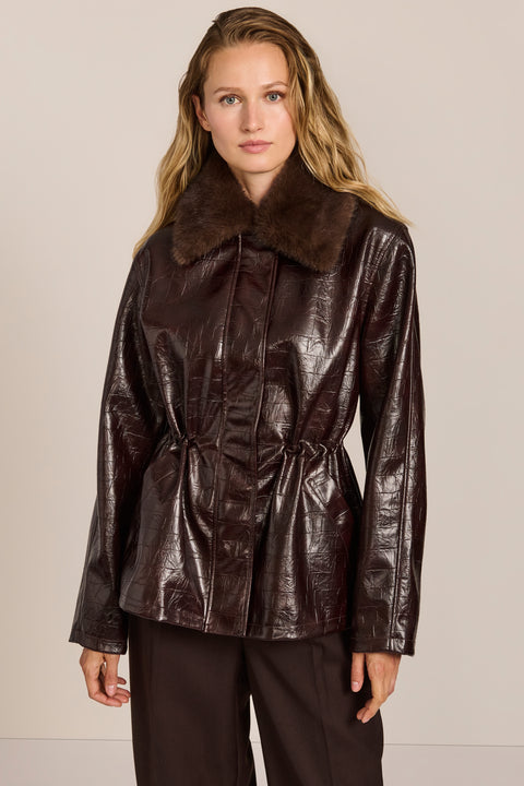 women's brown croc-embossed faux leather jacket with a removable faux fur collar and adjustable drawstring waist.