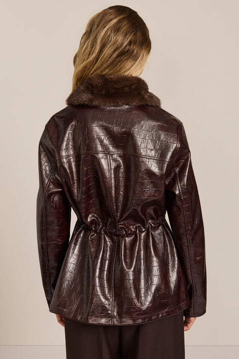 women's brown croc-embossed faux leather jacket with a removable faux fur collar and adjustable drawstring waist.