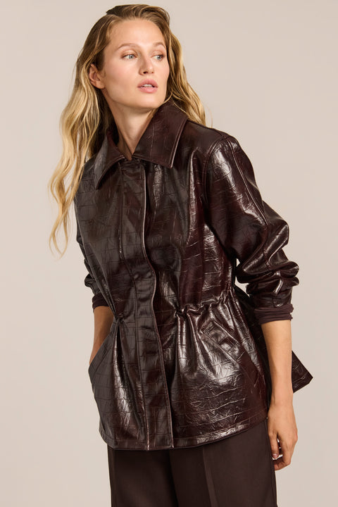 women's brown croc-embossed faux leather jacket with a removable faux fur collar and adjustable drawstring waist.