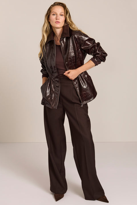 women's brown croc-embossed faux leather jacket with a removable faux fur collar and adjustable drawstring waist.