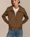 Women's quilted bomber jacket with knit sleeves.