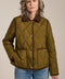 Women's quilted jacket with corduroy collar, snap-front closure, and patch pockets in olive green