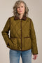 Women's quilted jacket with corduroy collar, snap-front closure, and patch pockets in olive green