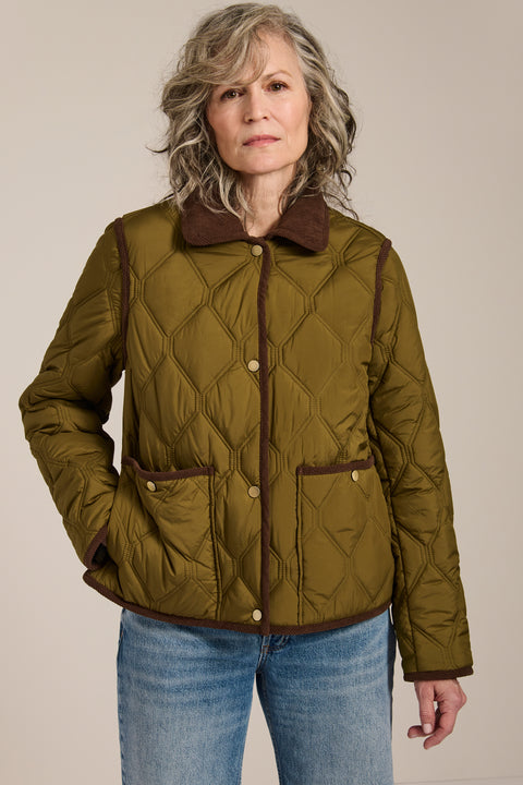Women's quilted jacket with corduroy collar, snap-front closure, and patch pockets in olive green