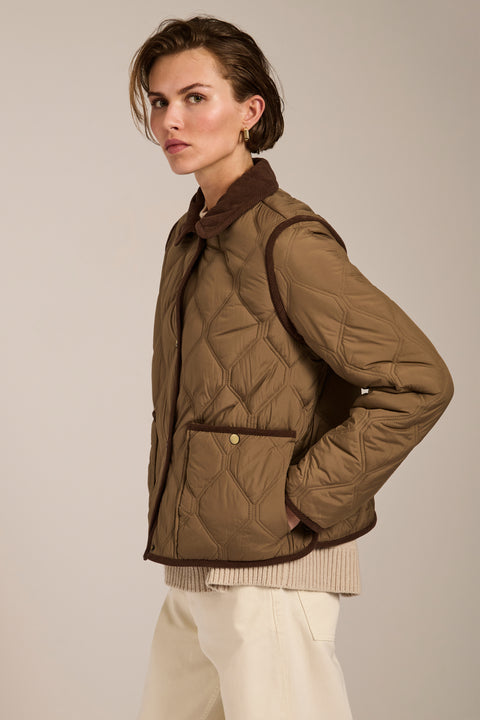 Women's quilted jacket with corduroy collar, snap-front closure, and patch pockets in olive green