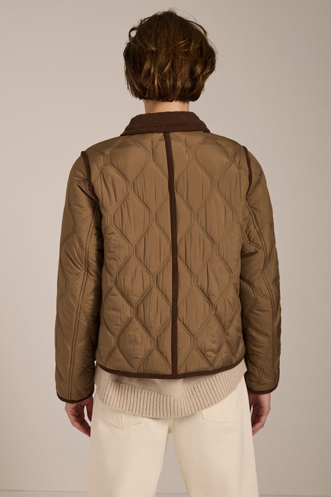 Women's quilted jacket with corduroy collar, snap-front closure, and patch pockets in olive green
