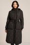 women's Long Quilted Puffer Coat with drawstring waist, hood, diamond quilting and longline silhouette.