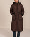 women's Long Quilted Puffer Coat with drawstring waist, hood, diamond quilting and longline silhouette.