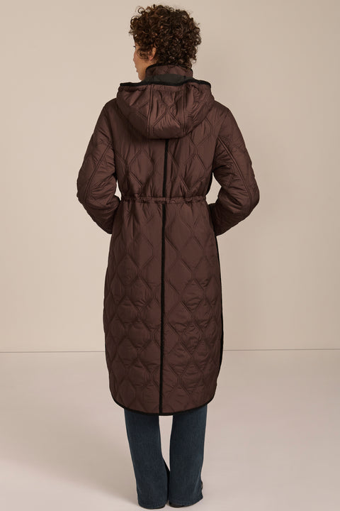 women's Long Quilted Puffer Coat with drawstring waist, hood, diamond quilting and longline silhouette.