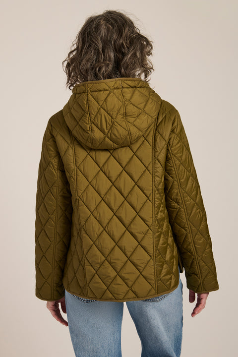 Women's diamond quilted hooded jacket with drawcord waist and oversized patch pockets.
