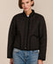 Women's Geometric Quilted Jacket with contrast binding, snap front and patch pockets.